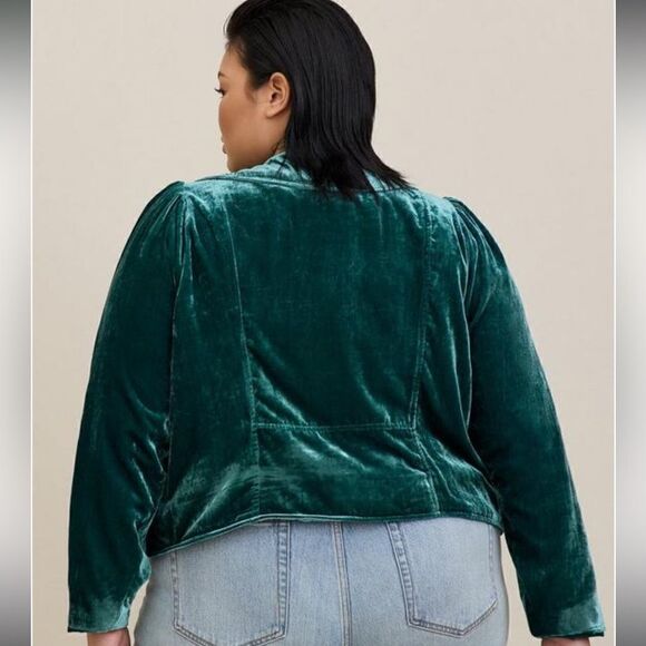 Torrid NWT Botanical Garden Teal Blue Velvet Moto Jacket - Picture 2 of 14
